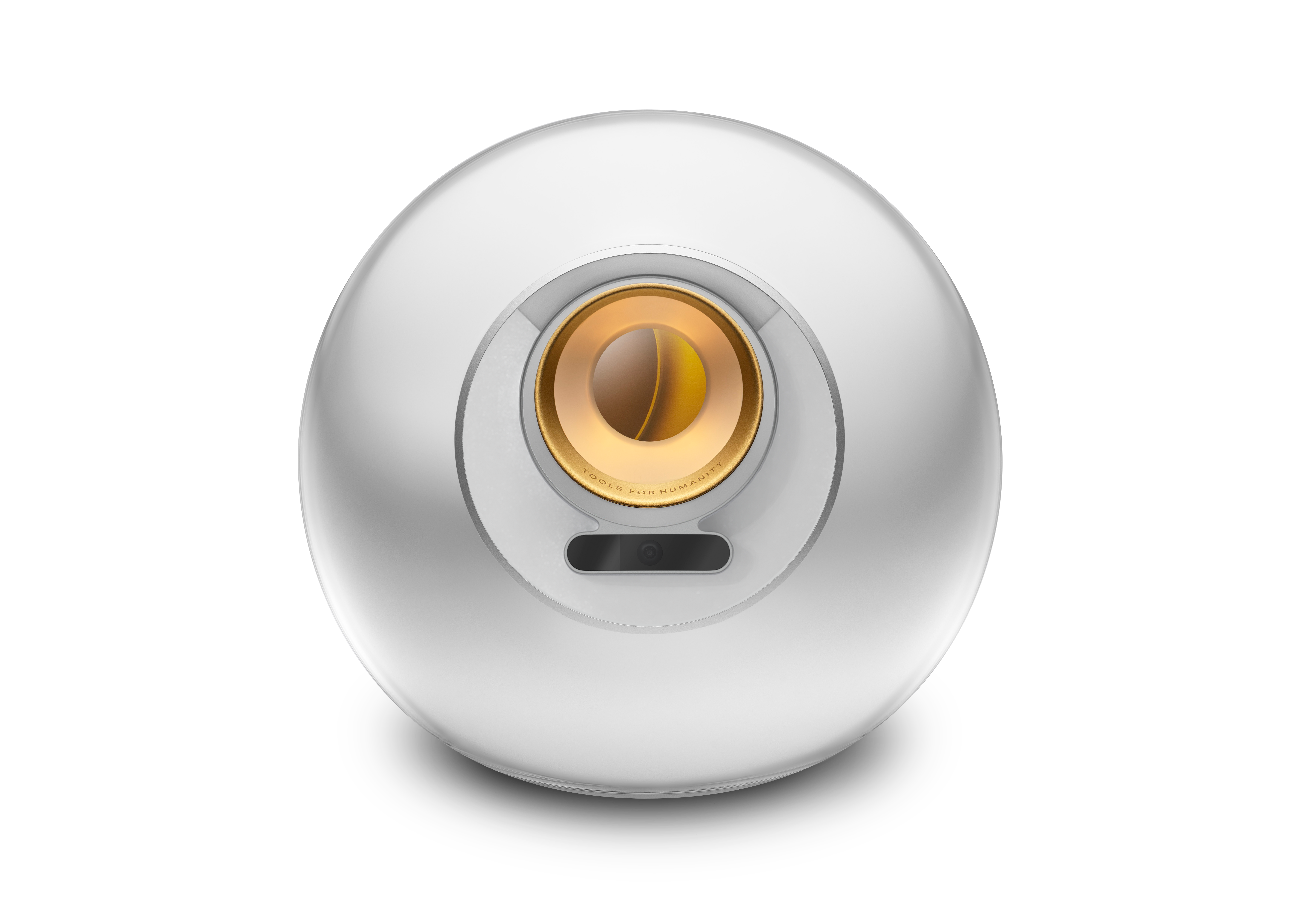 The silver Orb with a golden optical opening, surrounded by a pale background