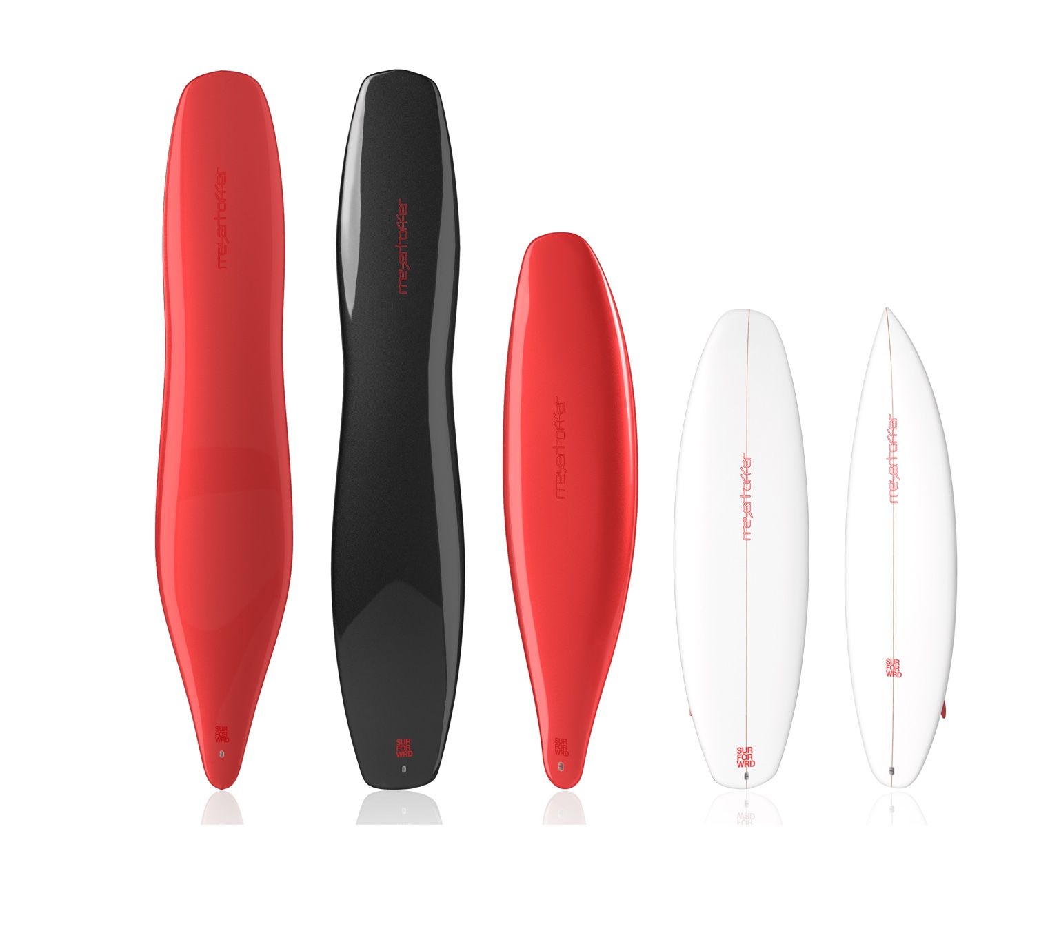 Five Meyerhoffer surfboard designs in red, black and white